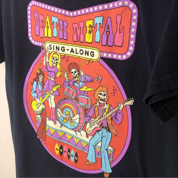 STEVEN RHODES Black Graphic Tee Death Metal Sing Along Spencers Unisex Size L - Picture 9 of 9